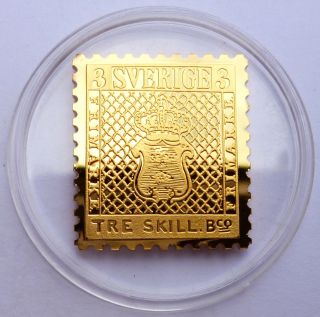 Sweden 3 Skilling Stamp 1855 24 Kt Gold Plated On Silver - Proof Rare