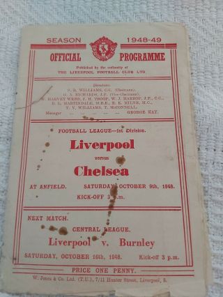 Liverpool Fc V Chelsea Oct 9th 1948 And Very Rare