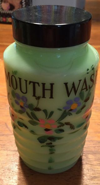 Jeannette Rare Jadite - Jadeite Toiletry Shaker - Mouth Wash - Hand Painted Flowers