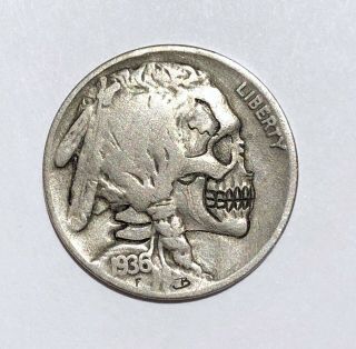 Rare 1936 Real Hand Carved Buffalo Hobo Nickel Skull Coin Realistic Engraving