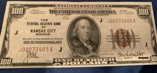 Rare $100.  00 Bill Currency 1929 Series Federal Reserve Bank Of Kansas City