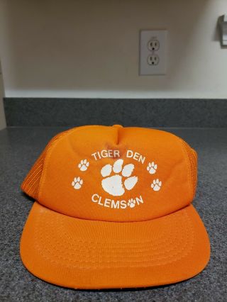 Rare Vintage Clemson Tigers Orange Mesh Trucker Hat Cap Snapback Paw Logo Den