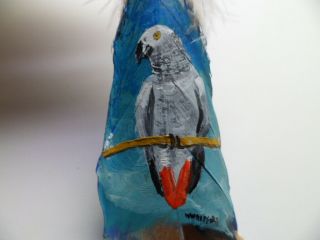 African Gray Parrot - On A Rare Turkey Feather,  By Artist W.  W.  Hoffert