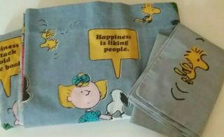 Rare Blue Vintage Peanuts Happiness Is Twin Bed Sheet Set Snoopy Lucy Woodstock
