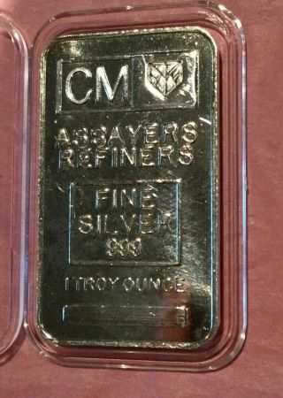 Rare Cm Consolidated Metals Assayers & Refiners 1 Troy Oz.  999 Fine Silver Bar
