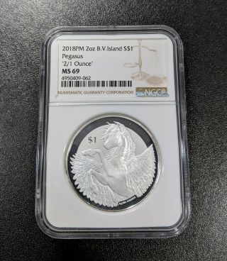 2018 $1 Ms69 Bvi 2 Oz Silver Pegasus Reverse Frosted Rare Variety Ngc 2/1 Ounce