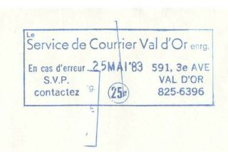 Service de Courier Val D ' Or Enr. ,  1983 Postal Stike,  Rare item.  GU - JN08 - 003D 2