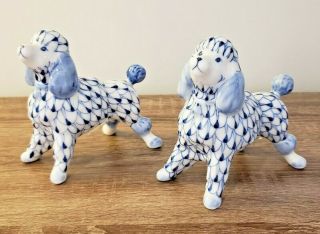 Vintage Pair Poodle Porcelain Figurine Andrea By Sadek Blue White Fishnet Rare