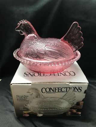 Rare Vintage Indiana Pink Glass Chicken Hen On Nest Covered Dish