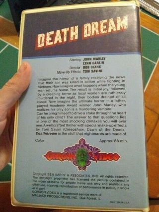 Death Dream VHS tape Rare Gorgon Video Horror/Slasher Movie 1974 Deathdream 2