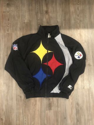 Rare Vtg Nfl Pittsburgh Steelers Starter Men’s L Large Windbreaker Jacket Black