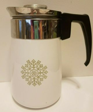 Corning Ware Pyrex 6 Cup Coffee Pot Vintage Rare Htf Green Snowflake Stove Top