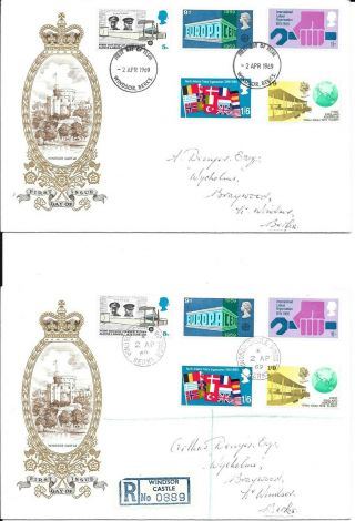 1969 Anniversaries On 2 Matching Fdcs With Rare Windsor Castle Cds And Windsor F