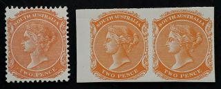 Rare C1876 South Australia 2d Orange Imperf Proof Pair Muh And Normal Stamp