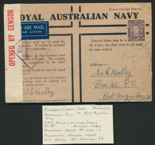 1944 Australia Wwii Ship Cover Censored To Port Augusto,  Rare Ran Honor Envelope