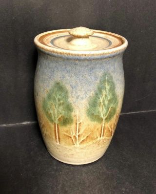 Rare Studio Art Pottery Artist Signed Ceramic Lidded Jug Trees Possibly Newcomb