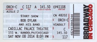 Rare Bob Dylan 11/8/14 Chicago Il Cadilac Palace Theatre Ticket Stub