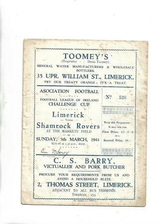 Very Rare Fai Cup 5/3/44 Limerick V Shamrock Rovers Autographed By 5 Players