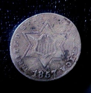 Rare 1857 Xf - Au Silver 3c 3 Cent Piece Trime Coin Pre Civil War Great Date