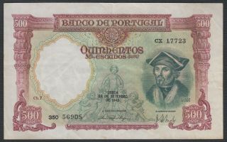 Rare Portugal Banknote - 500 Escudos Ch.  7 - Pick 155 - 1942 Vf,