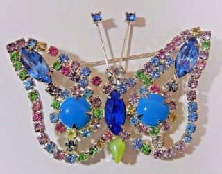 Rare Vtg Signed Ron Colorful Art Glass & Rhinestone Lg Butterfly Brooch Pin