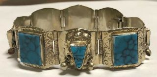 Taxco Hecho En Mexico Sterling Silver Turquoise Rare Blue Southwestern Bracelet