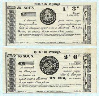 Canada Bank Of Montreal 30&60 Sous=1s.  &3d.  & 2s.  &6d.  1837 Vf/xf Rare