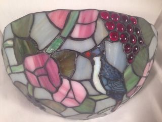 Tiffany Style Stained Glass Wall Sconce Blue Jay Bird Flowers Grapes Rare Htf