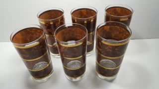 6 Vintage Mid Century Georges Briard Highball Tumbler Glass Set Rare Brown Gold