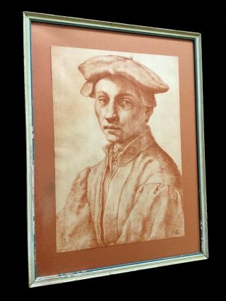 Rare Vintage Art Print Michaelangelo Portrait Of A Young Man Great Shabby Frame