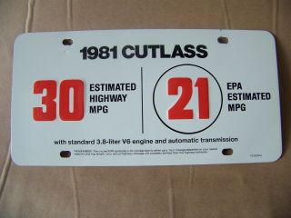 Oldsmobile 1981 Cutlass Epa Estimated Mpg License Plate Aluminium Rare Olds