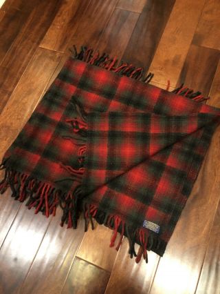 Pendleton Wool Plaid Tartan Blanket W Fringe Red Black 49 " X 61 " Vintage Rare.