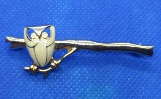 Rare Vintage Signed Monet Mid Century Modern Enamel Owl Branch Golden Brooch Pin