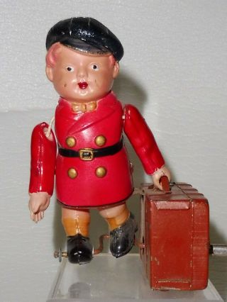 RARE 1940 ' s ALPS OCCUPIED JAPAN CELLULOID WIND - UP TIN TOY LUGGAGE BOY CARRIER 3