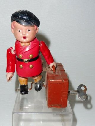 RARE 1940 ' s ALPS OCCUPIED JAPAN CELLULOID WIND - UP TIN TOY LUGGAGE BOY CARRIER 8