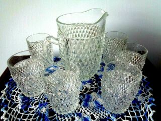 Set Of 7 Rare Vintage Heavy Diamond Cut Clear Glass Crystal Pitcher & 6 Glasses