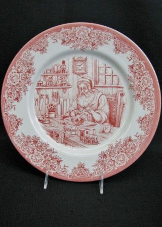 Rare Royal Stafford Red Toile 11 " Christmas Dinner Plate Santa In Workshop
