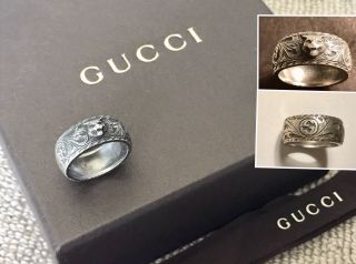 Rrp$315 Rare Auth Gucci Feline Head 925 Sterling Silver Ring Sz.  22 Made In Italy