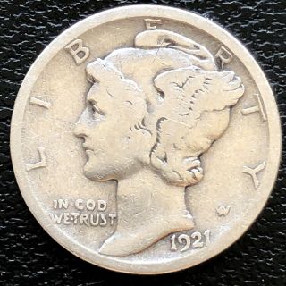1921 D Mercury Dime 10c Vg,  Rare Key Date Silver 19344