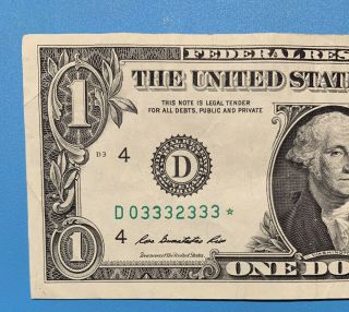 2013 D Series $1 One Dollar Bill Rare Fancy Trinary Low 250k Run Star Note FRN 3