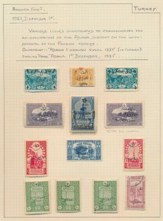 Rare Turkey Stamps 1921 Asia Adana 1921 O/p Incs 74 10pi Double & Newspaper,  Vf