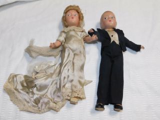 Rare Vintage/antique Hand Painted Bride And Groom Composition Doll Set