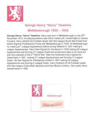 Harry Hawkins Middlesbrough 1935 - 1936 Rare Hand Signed Cutting/card