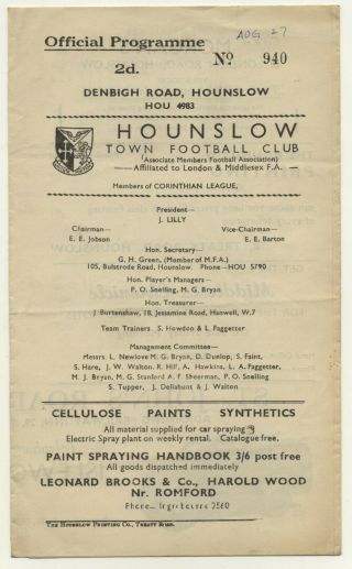 Rare Hounslow V Winschoten Dutch 1949 Amateur Football Programme Friendly London