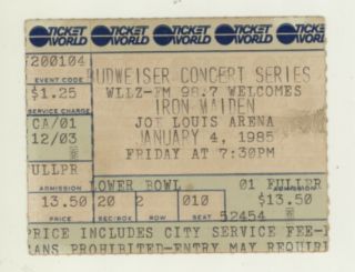 Rare Iron Maiden 1/4/85 Detroit Mi Joe Louis Arena Ticket Stub