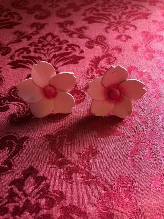Vintage 50s Pink Peony Flower Clip On Earrings Big Spring Drag Painted Wood Rare