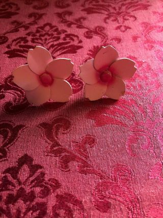 Vintage 50s Pink Peony Flower Clip On Earrings Big Spring Drag Painted Wood Rare 2