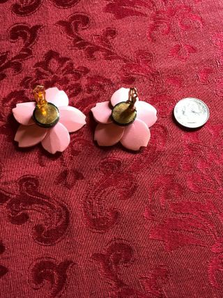 Vintage 50s Pink Peony Flower Clip On Earrings Big Spring Drag Painted Wood Rare 3