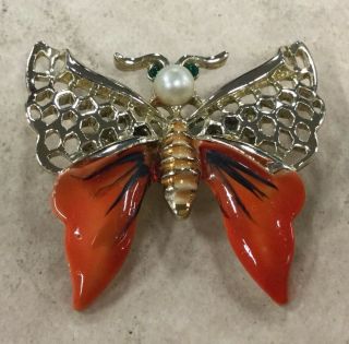 Rare Vintage Estate Enameled Stone Faux Pearl Butterfly Pin Ccd22