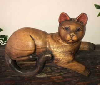 Vintage Antique Wooden Large Cat Kitten 19th Century Carved Folk Shaker Rare